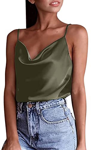 Kswlwccpp Oberteile Damen Sexy, Party Ärmellos Elegant Curvy Satin Top Seidentop Sommer Verstellbarer Strap Bauchfrei Seide Basic Top Sexy Oberteil Stretch Spaghettiträger Unterhemden Tank Top