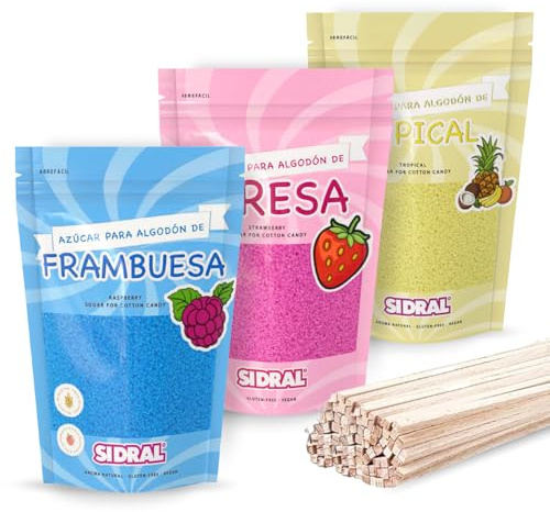 SIDRAL - Sucre Barbe à Papa pour machine - Arômes et Colorants Naturels - Lot de 3 x 250GR (Fraise - Framboise - Tropicale) poudre barbapapa + 50 Bâtonnets recyclables pour dégustation