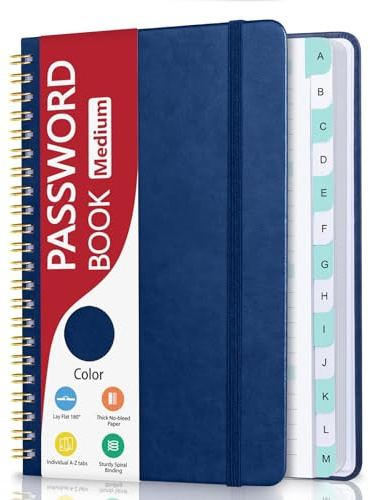 Spiral-Passwortbuch mit individuellen alphabetischen Registern, Hardcover Passwort-Keeperbuch für Senioren, Passwort-Notizbuch für Zuhause oder Büro & Website-Adress-Login, Marineblau, 14,5 cm x 19,6
