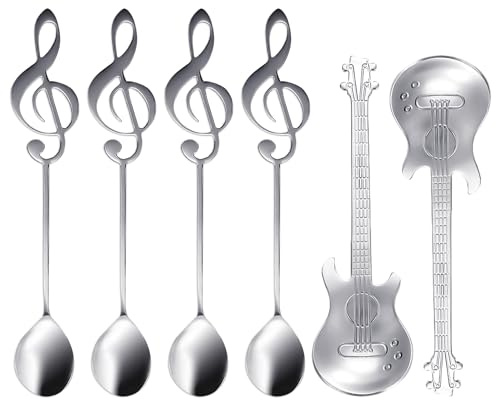 Lot de 6 cuillères à café en acier inoxydable - Cuillères créatives pour notes de musique - Cuillères à glace - Vaisselle portable pour notes de musique et instruments de musique