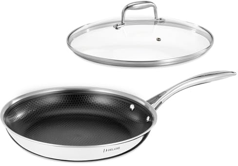 DELUXE Hybrid-Keramik-Antihaft-Pfanne mit Deckel aus gehärtetem Glas, 30,5 cm, Pfanne mit kühlbleibenden Griffen, spülmaschinen- und ofenfest, PFOA-frei, kompatibel mit allen Herdarten