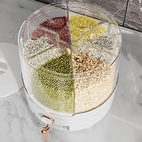 Grain Dispenser, 360 Degree Rotating Kitchen Storage Container for Rice and Beans, Multifunctional with 6 Compartments, Transparent Design for Easy Food Check (Large)