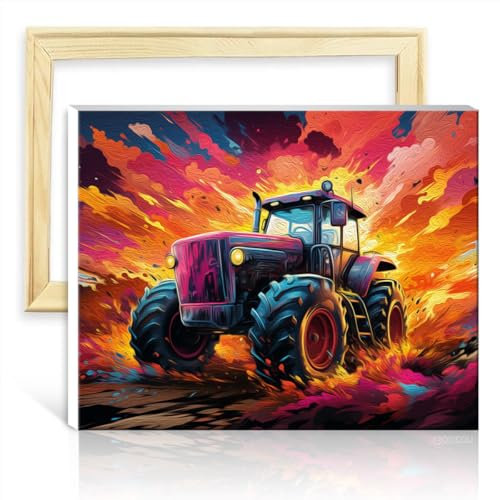 TANGFEIY Malen-nach-Zahlen-Set für Erwachsene auf Leinwand, Traktor, mit Pinseln und Acrylpigmenten, Kunstbild für die Heimdekoration, mit Rahmen (40 x 50 cm)