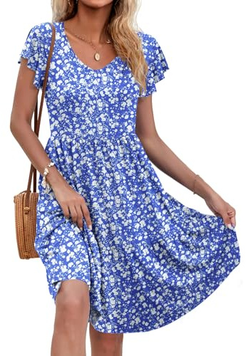 AUSELILY Sommarklänning för kvinnor, elegant, volanger, kronblad, solklänning, kortärmad ledig klänning med fickor