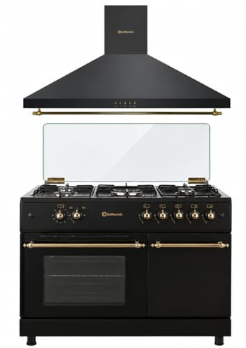 PACK COCINA A GAS F9LT50G2 PORTABOMBONA NEGRA RÚSTICA + CAMPANA DECORATIVA NEGRA RÚSTICA/ANCHO 90 CM/FUEGOS CON ENCENDIDO AUTOMATICO/HORNO 64 L.