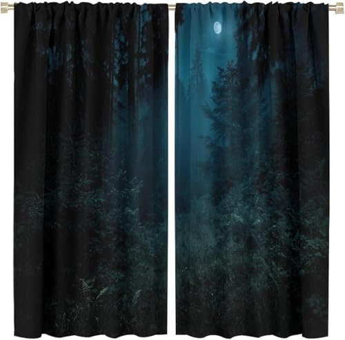 Vorhang Blickdicht Gardinen Mit Ösen - 2 Stücke 183X214 cm (B + H) Verdunklungsvorhänge 3D Waldlandschaft Muster Thermovorhang Für Kinderzimmer Wohnzimmer Schlafzimmer Weihnachtsgardinen-380076016