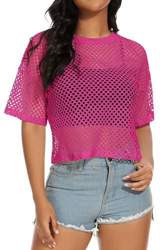 Top da donna in rete fishnet estivi trasparenti t-shirt a maniche corte camicetta trasparente, Rosa, M