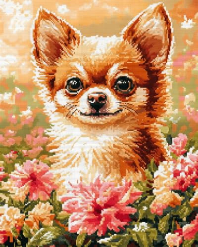 N.LANSHAN DIY Knüpfen Set Teppich Chihuahua Hund Tier Knüpfkissen Kits Hund Und Blumen Knüpfteppich Kit Stickset,Knüpfteppich Für Anfänger,Bastelsets Dekoration 55x75cm