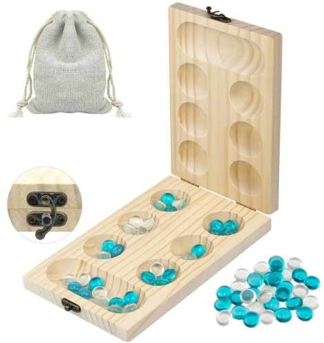 VingaHouse Mancala Board Game - Kalaha Board Game, Strategic Game for Kids | Mancala Games Folding Wooden Board + Natural Stone Pebbles - Traditional Families Board Games - Gifts for Kids Adult