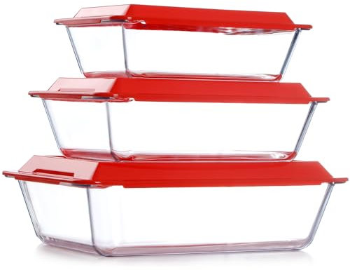 NUTRIUPS Juego de 3 platos profundos de vidrio para hornear con tapas, plato profundo de lasaña con tapas, platos de lasaña para horno, platos rectangulares de vidrio para hornear (rectangular con