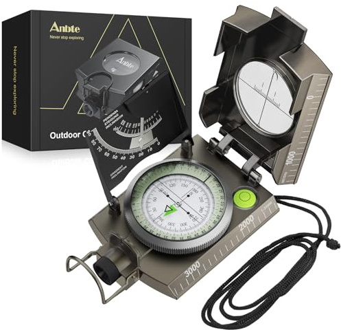 Anbte Compass Hiking Survival with Sighting Clinometer, IP65 Waterproof Metal Compass with Carry Bag, Multifunctional, Lightweight, for Camping Hunting Navigation Hiking, Patina Bronze