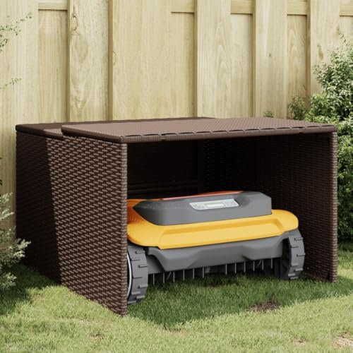 Gecheer Garage per Robot Tosaerba, Protezione Intemperie Inclinata, 86x90x52/57 cm in Polyrattan e Acciaio Verniciato, Capanno Esterno per Tosaerba Automatico for Giardino