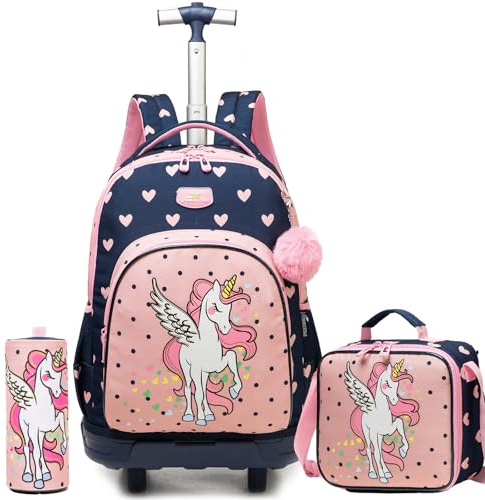 ZBAOGTW Rollrucksack für Kinder 8–12 Jahre, Rollrucksack für Mädchen, Rucksäcke mit Rollen für Schuljungen, Schwarz-rosa Einhorn, 16.9x12.5x8.6 inches, 20 liters