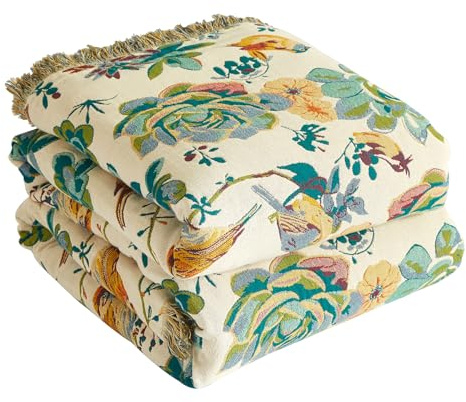 Bailix Copriletto boho di alta qualità, 100% cotone, con frange, double face, in mussola boho, 230 x 250 cm, morbida coperta per divano e copriletto, coperta in cotone per soggiorno, bianco/verde