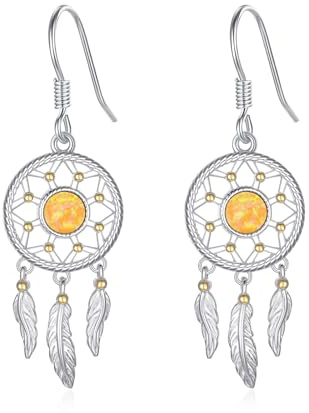 PARYFO Traumfänger Ohrringe 925 Sterling Silber mit Bernstein und Feder, Hänge Ohrringe, Schmuck Geschenke für Frauen und Mädchen