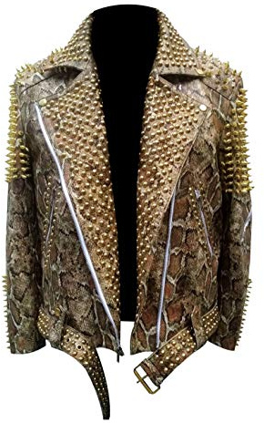 Snakeskin Print Jacket Men - Python Textured Studded Jacket - Rock Punk Spike Brando Motorcycle Leather Jacket
