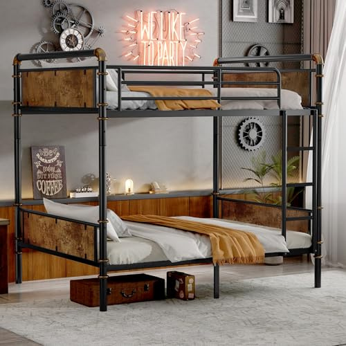 KT Rolster Twin XL Over Twin XL Bunk Bed, Industrial Heavy Duty Metal Bunk Bed, Detachable Bunkbed with Safety Guard Rails and Ladder for Teens Adults, Easy Assembly, No Spring Box Neede, Black