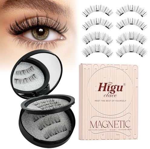 Magnetic-Eyelashes with Applicator, Higu clace Magnetic-Lashes No Glue or Eyeliner Needed, 8 Pair Reusable Eye Lash Kit Natural Look, False Eyelash Easy to Wear and Remove(BLACK AB)