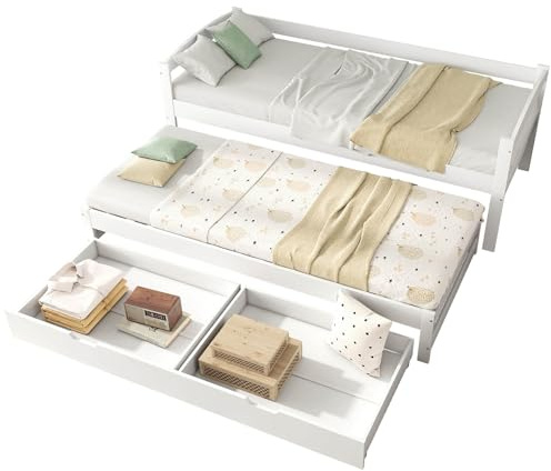Aceinheu Tagesbett ausziehbar zum Doppelbett, Funktionsbett mit 2 Schubladen & Lattenrost, Massivholz Bettgestell, Gästebett, Kiefer Weiß (190x90cm)