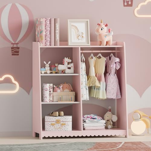[en.casa] Kindergarderobe stehend Vestnes Kinder Kleiderschrank mit Kleiderstange 90 x 80 x 38 cm Kleiderständer mit Regal Wellendesign Cotton Candy/Weiß