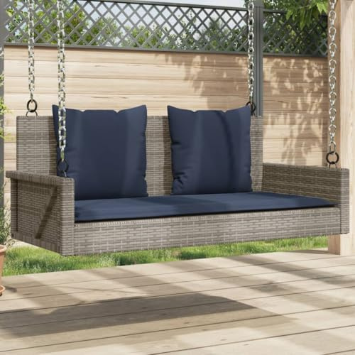 HEFZGDB Schaukelbank mit Kissen Grau 119x56x48 cm Poly Rattan PE-Rattan Gartenmöbel Hängesitz Schaukelfunktion Befestigungsringe Stahlrahmen Outdoor Sitzgelegenheit