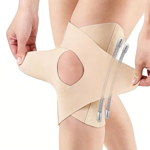 Goldeer Kniebandage Meniskus für Damen und Herren mit Feder Seitenstabilisatoren,Kniebandage Verstellbare für Knieschmerzlinderung,Meniskusriss,Arthritis,Laufen,Wandern,Sport(L,Beige)