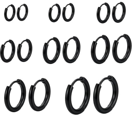 8 Pares de Pendientes de Aro Negros, Set de Aros de Acero Inoxidable para Mujeres y Hombres (6 mm, 8 mm, 10 mm, 12 mm, 14 mm, 16 mm, 18 mm, 20 mm)