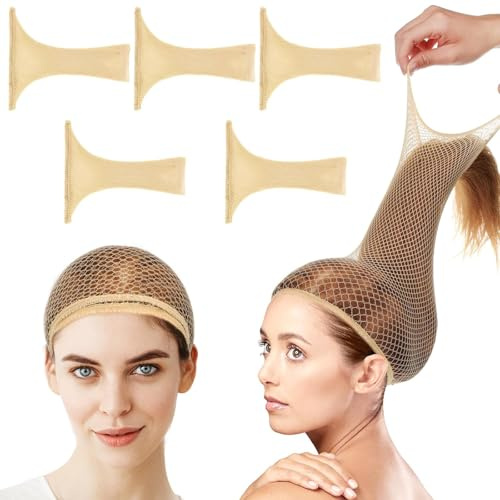 5 Pezzi Cuffie per Parrucca, Retina per Parrucca Aperta in Nylon Elastico, Calotta Parrucca Traspirante Color Carne, Accessori Professionali per Parrucche e Cosplay
