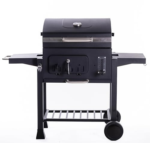 Blazebox 24 Trolley Charcoal BBQ Grill & Smoker with Thermometer Adjustable Dampers Large Cooking Area Foldable Shelves Outdoor BBQ