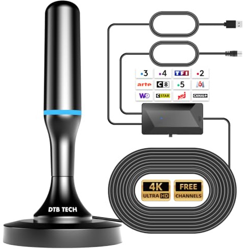 Antenne TV Intérieur Puissante, 2026 Antenne TV Intérieur avec Amplificateur de Signal Intelligent, Antenne Interieur TNT Puissante Réception 360° Portée 650km, 4K HD/1080P Les Chaînes Gratuites, Bleu
