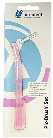 miradent Pic-Brush Interdentalbürste - 1er Set - pink transparent - Reinigung Zahnzwischenräume, Halterung mit Bürste für Gute Mundhygiene
