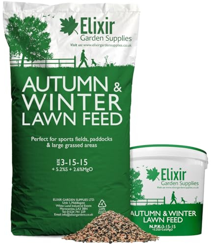 Elixir Gardens Autumn Winter Fertiliser, Sports Field, Paddock and Lawn Feed | Treats 300sqm, Made for British Climate | 1kg-25kg in bag or tub | NPK 3-15-15 + 5.2% S | x 15kg bag