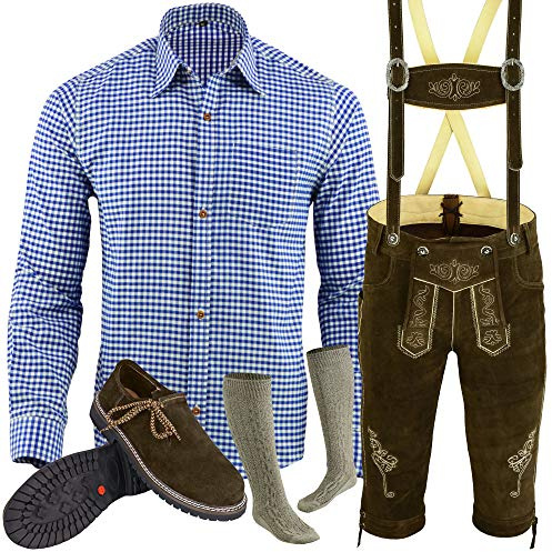 Speed4allkinds Herren Trachten Lederhose Größe 46-62 Trachten Set 5 Teilig Bayerische Trachtenlederhose,Hemd,Schuhe,Socken (Schuhe 44, Hose 52)