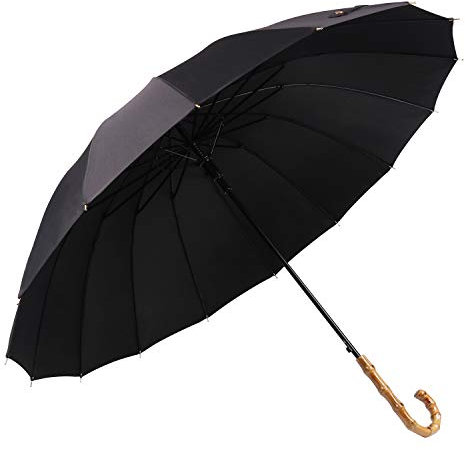 ThreeH Stick Umbrella Windproof and Rainproof Bamboo Hook Handle Auto Open Protable Lightweight KS08,Black