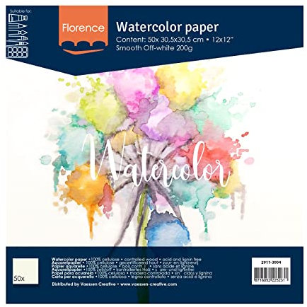 Florence 2911-3004 Aquarellpapier 30,5 x 30,5 cm in Elfenbein Weiß, aus 200 g/m² Glattem Papier, 50 Blatt für Scrapbooking, Aquarellmalerei, Handlettering und Brush Lettering, stück