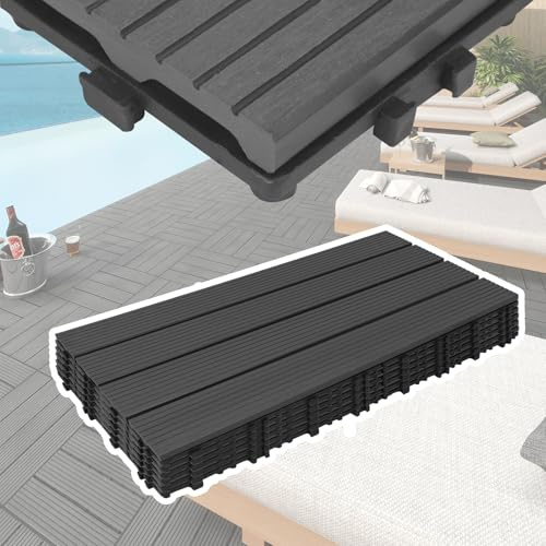 UISEBRT Lot de 6 carreaux de sol WPC aspect bois pour balcon, balcon, terrasse, 30 x 60 cm, anthracite