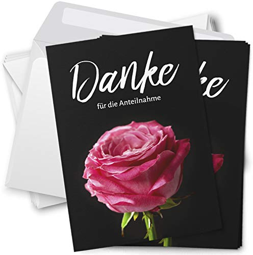 Einladungskarten Manufaktur Hamburg Trauer Danksagungskarten mit Umschlag | Motiv: Rosa Rote Rose, 10 Stück | Dankeskarten Din A6 Set | Trauerkarten Danksagung Danke sagen