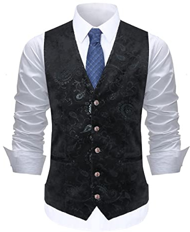 Allthemen Herren Weste Jacquard Anzugweste Paisley Hochzeit und Party | Westen, Gilet, Pailletten, Gold, Smoking, Abendessen Weihnachten, Floral, Stickerei, Slim Fit, Ärmellos