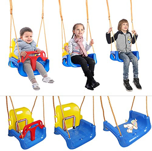 Babyschaukel 3 in 1 Babysitz verstellbar und mitwachsend Schaukelsitz Gartenschaukel für Baby und Kinder mit Rückenlehne und Anschnallgurt belastbar Indoor Outdoor (YD243554-blau)