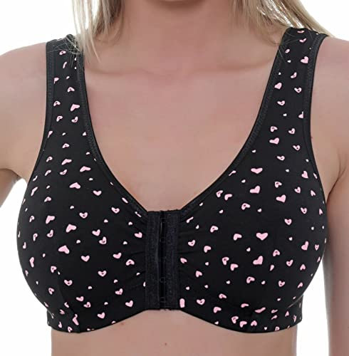 Gemm Womens Stretch Soft Cotton Lycra Non Wired Front Fastening Comfortable Bra Black Pink, 38