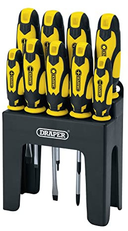 Draper 9 -Piece Screwdriver Set | Chrome Vanadium Steel Screwdrivers Set | Soft Ergonomic Grip Handle | Storage Stand | 16728
