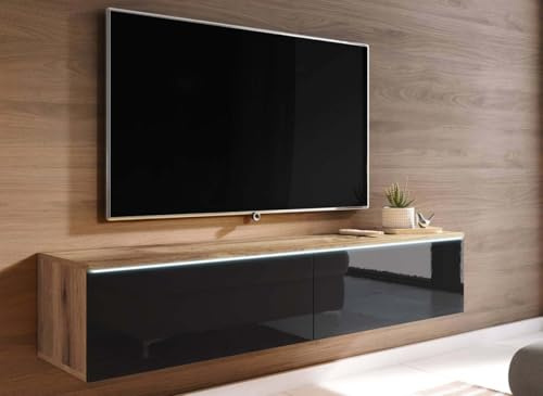DecoInParis Meuble TV chêne Vieilli et Noir laqué avec LED 2 Portes Malorie- 140 cm