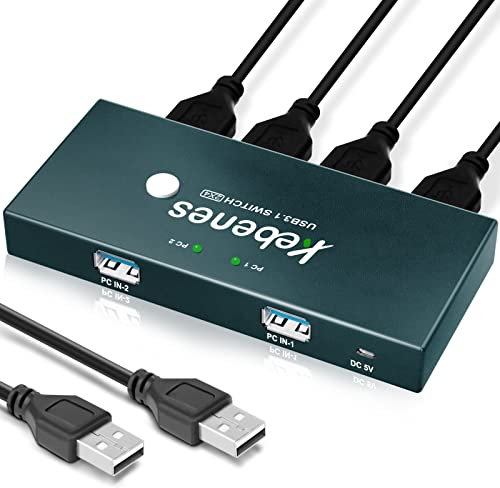 Switch USB 2 PC, 2 in 4 Out USB 3.0 Switch per 2 PC Parts 4 USB per trasferimento dati stabile per tastiera, mouse, stampante, scanner, chiavette USB, switch KVM USB con 2 cavi USB 3.0, Plug and Play