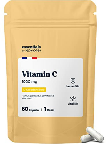Vitamina C 1000mg, Alto Dosaggio di Vitamina C Pura, 60 Capsule Vegane (1 Mese), Integratore per il Sistema Immunitario & la Stanchezza, 100% Acido Ascorbico, Essentials by Novoma