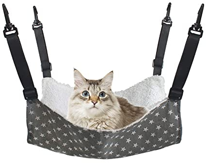 MiOYOOW Hängematte für Katzen tragbare kleine Haustierkäfig-Hängematte warmes Rattenhausbett mit verstellbarem Riemen und 4 Haken für Katzen Kaninchen Hamster Welpen (S/M/L/XL)
