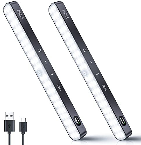 Ferswe Motion Sensor Lights Indoor, 60 LED Rechargeable Under Cupboard Kitchen Lights, Battery Levels Display, Dimmable Under Cabinet Kitchen Lights for Wardrobe, Counter, Closet, Stairs(2 Pack)