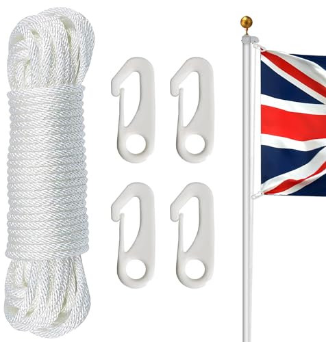 NQ Flag Pole Rope with Flag Pole Clip, 50FT/ 15M Nylon Flag Rope with 4 Pcs Flag Pole Clip Hooks, Flag Pole Halyard Rope Kit, Nylon Cord for Outdoor, Camping, Swing, Clothesline, Garden(White)