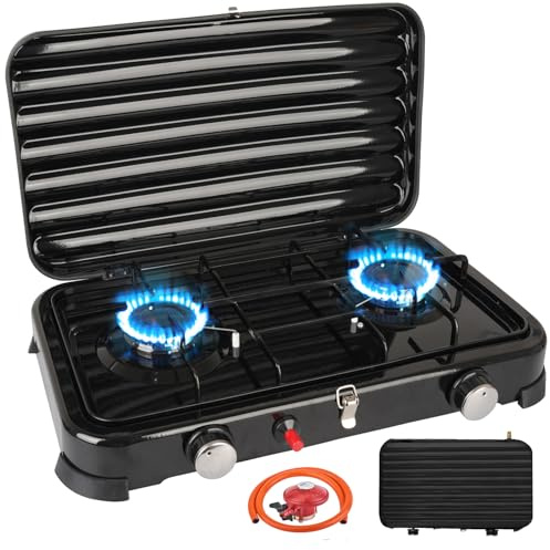 Rechaud Gaz 2 Feux Portable, 4.4KW Réchaud Gaz-GPL Camping Auto-Ignition pour Extérieur avec Tuyaux 150 cm et Régulateur de 37 mbar, Réchaud Gaz Couvercle Détachable