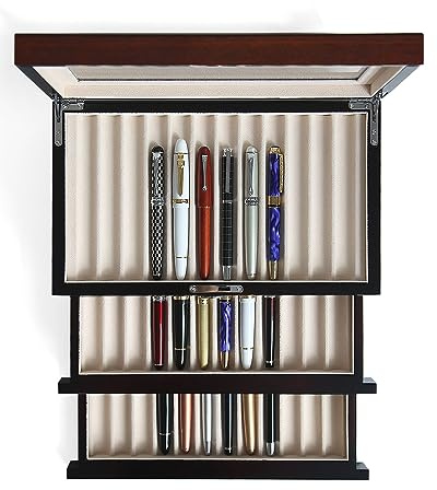 Besforu wood pen display case 36 slot Fountain pen Box storage Organizer with drawer, Top Glass Window Pen Collection Display Case