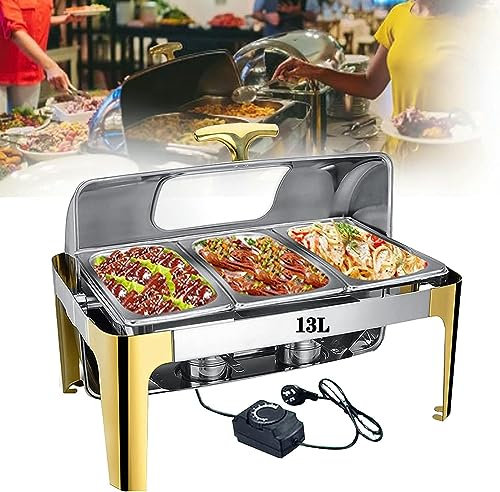 FLTRGO Chafing Dish Buffet, Servidor Calienta-Platos de Buffet de Acero Inoxidable para Partido Hotel, Chafing Dish Electrico con Tapa Visible para Comercial y Domestico
